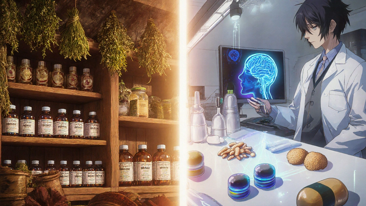 A split scene showing traditional Ayurvedic herbs on one side and modern nootropic capsules in a lab on the other.