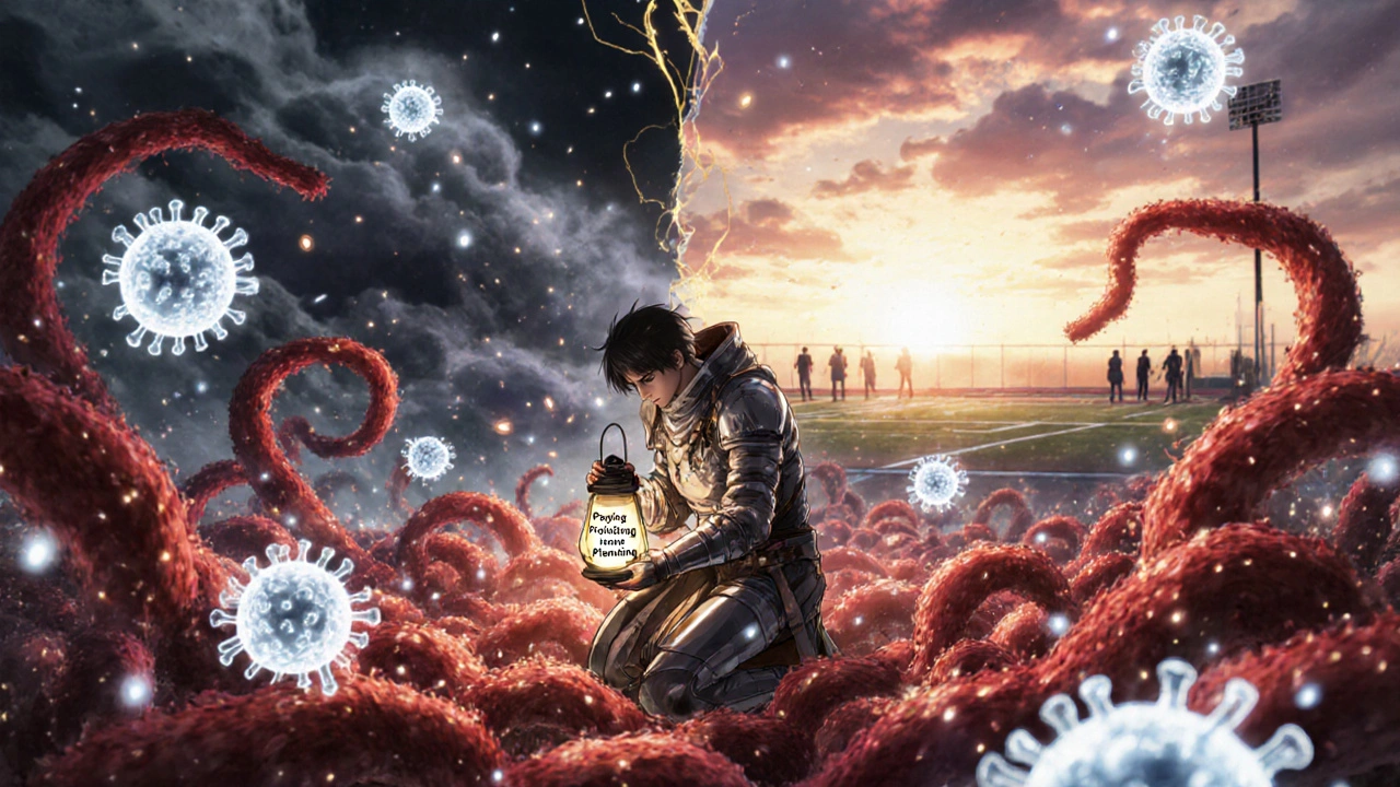 A symbolic battle inside the body between immune cells and EBV virus, with a patient holding a healing lantern.
