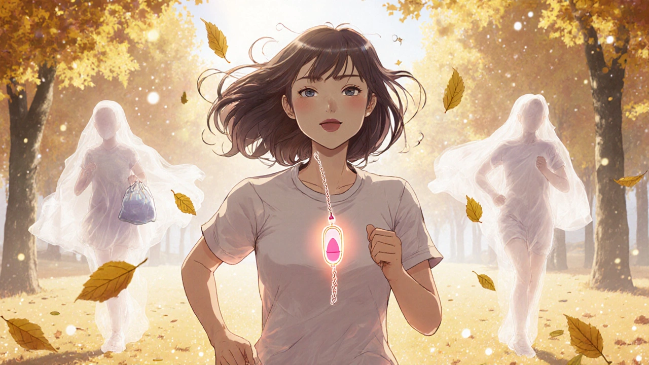 A woman jogs happily through a park, past fading ghost images of her former exhausted self, symbolizing regained freedom.