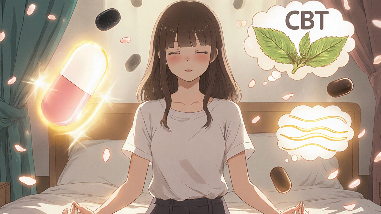 A woman meditating as harmful pills dissolve into ash, replaced by glowing non-hormonal alternatives and cherry blossoms.