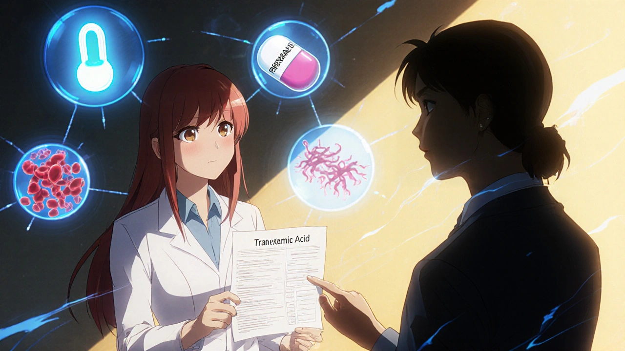 A woman shows medical research to her doctor, with floating treatment icons behind them in a sunlit clinic room.