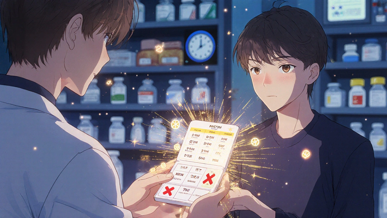 Caregiver receiving pre-filled pill organizer from pharmacist with digital verification streams.