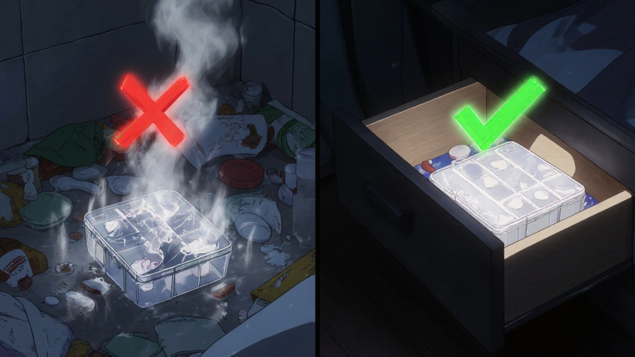 Contrasting scenes: crumbling pills in humid bathroom vs. safe organizer in dry bedroom.