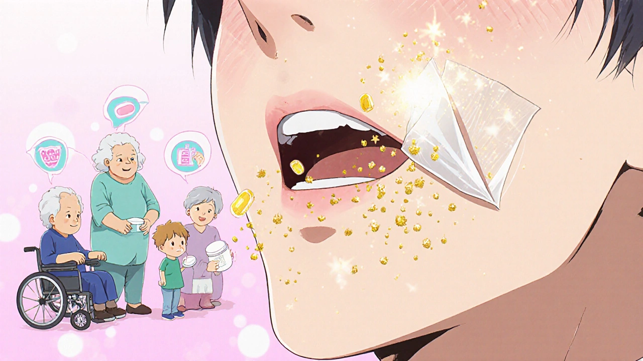 Dissolvable medicine film releasing stardust-like particles inside a cheek, diverse patients taking meds safely.