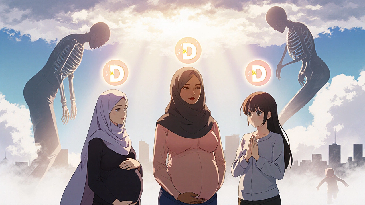 Diverse pregnant women bathed in sunlight as harmful shadows of rickets fade away around them.