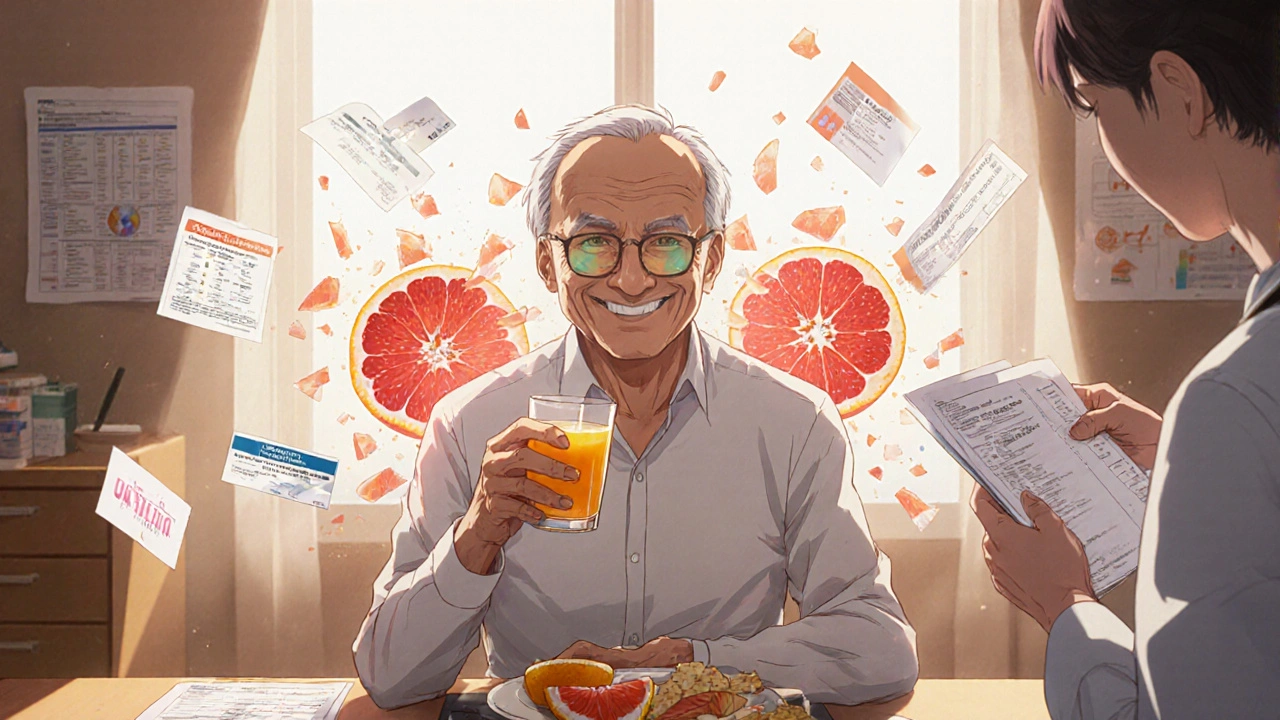 Elderly man drinking safe orange juice as a shattered grapefruit fades behind him, medical charts floating nearby.