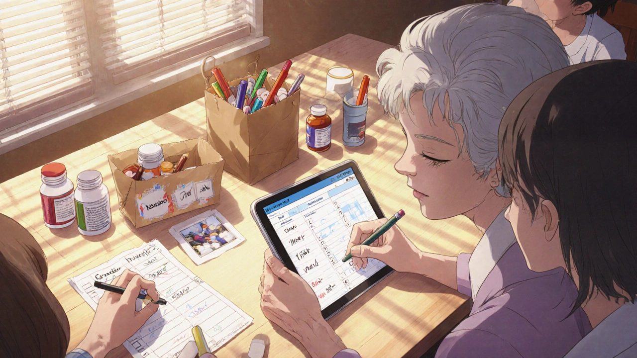 Family updates a medication list Sunday evening with photos of pills and colored notes on a kitchen table.