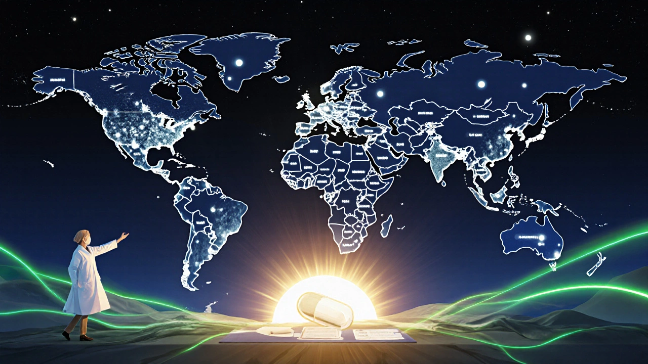 Global treaty signing under stars, digital contracts glowing above a map with rising pill-shaped sun.