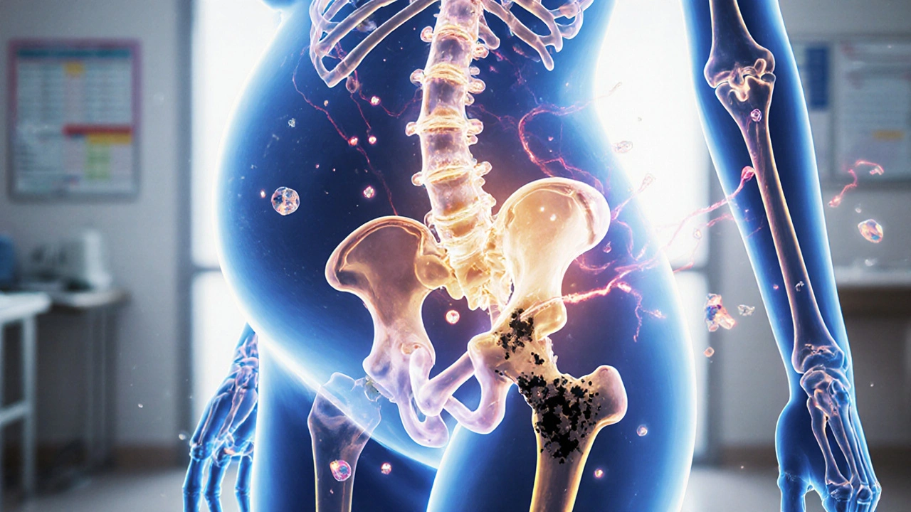 Internal view of calcium and vitamin D flowing through a pregnant woman's body to strengthen fetal bones.