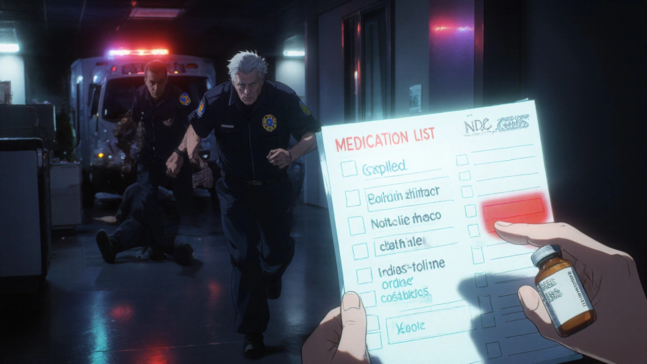 Paramedics in an ER react to a life-threatening drug interaction revealed by a glowing medication list.