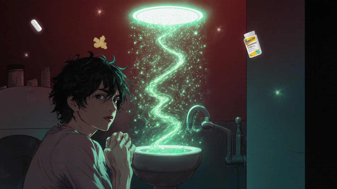 Person nauseated beside toilet, green nausea particles rising to brainstem.