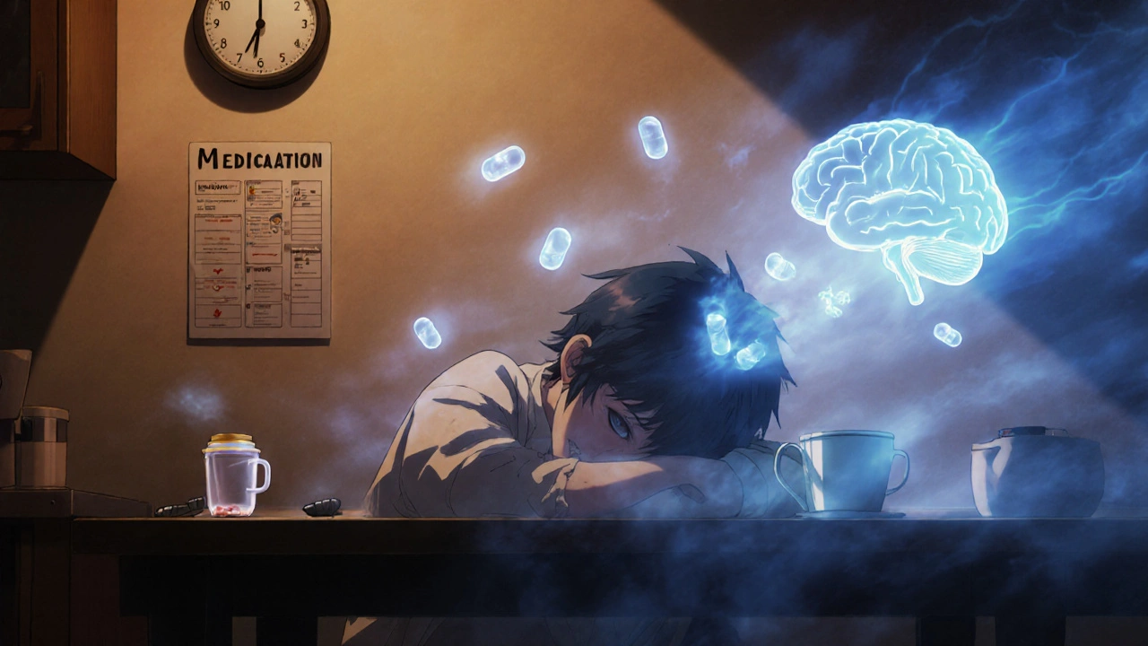 Person slumped at table, opioid molecules causing mental fog in soft amber light.