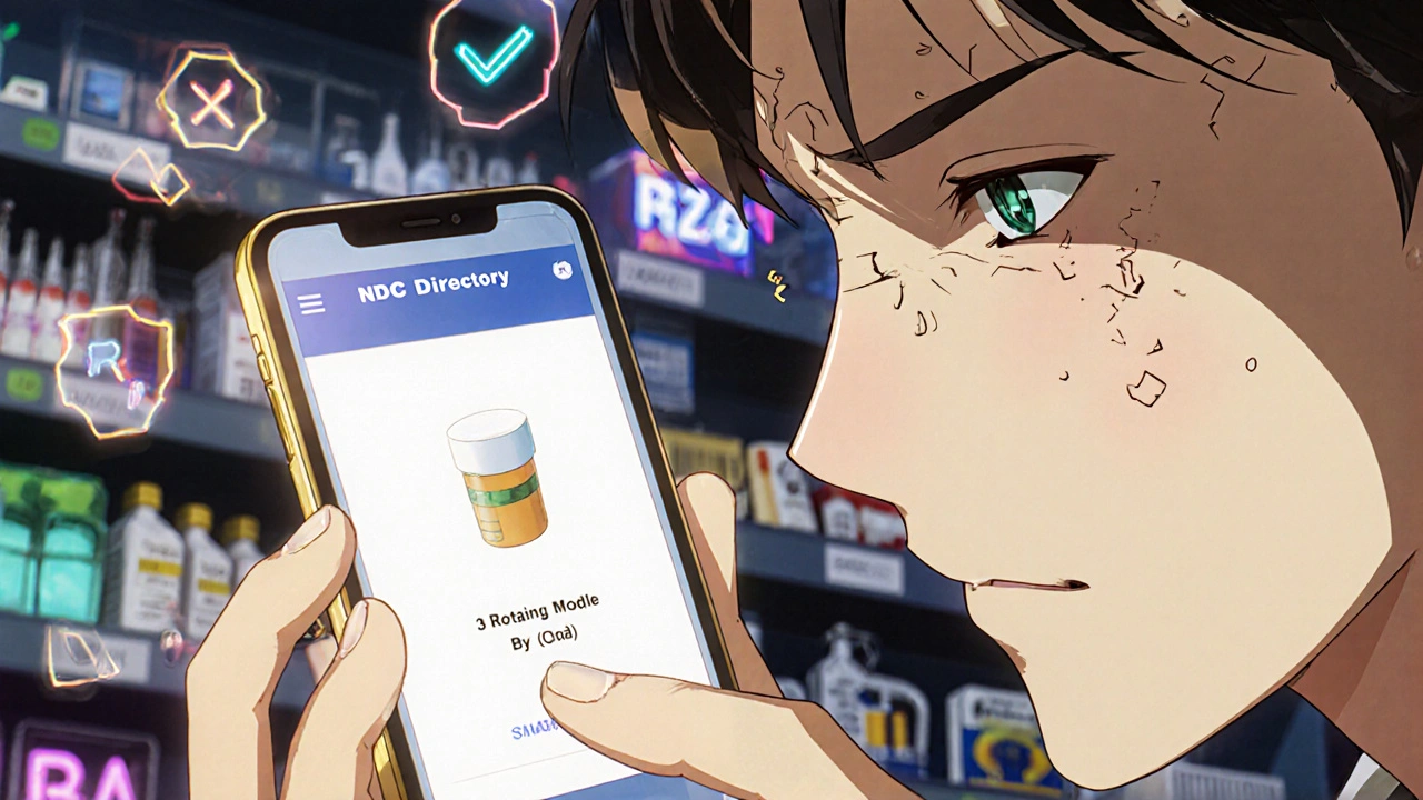 Person using smartphone to verify medication NDC number against FDA database.