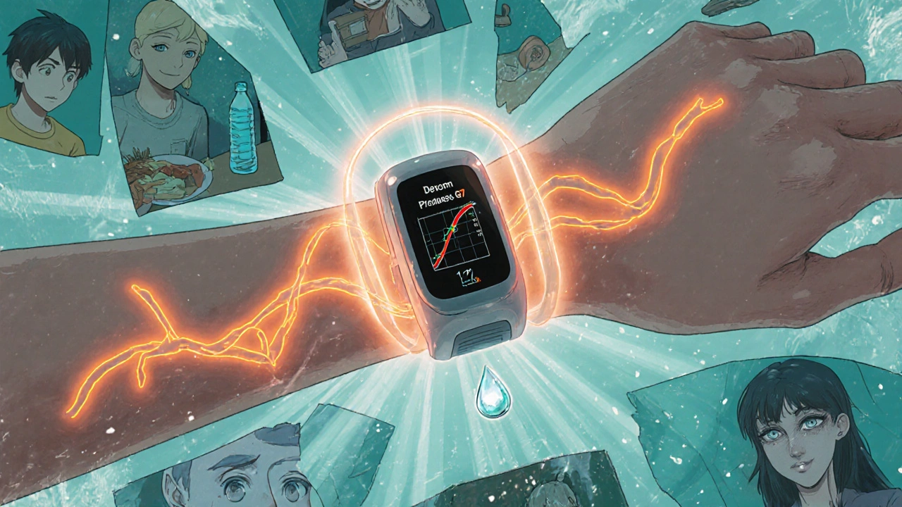 Person wearing a CGM with glowing glucose data vines, predictive alert halo, and fading scenes of stress and dehydration around them.