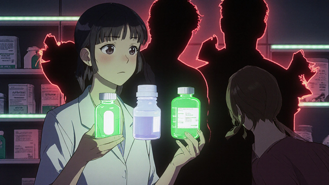 Pharmacist showing safe medication alternatives: dissolvable tablet, liquid, and patch.