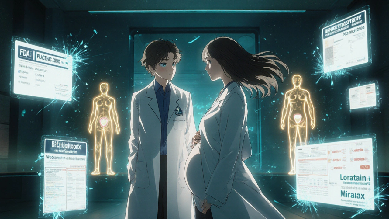 Pregnant woman and doctor reviewing holographic medication safety data in a futuristic clinic.