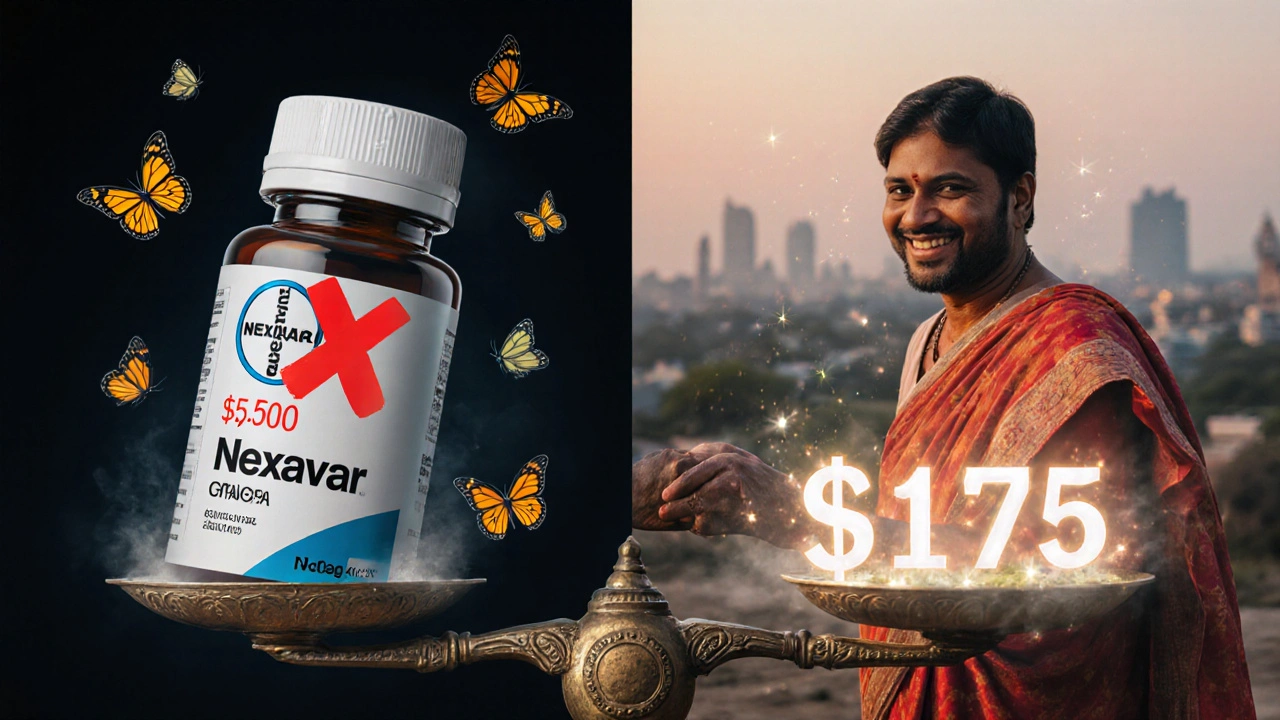 Split scene: expensive drug vs. affordable generic pill being handed to a patient in India.