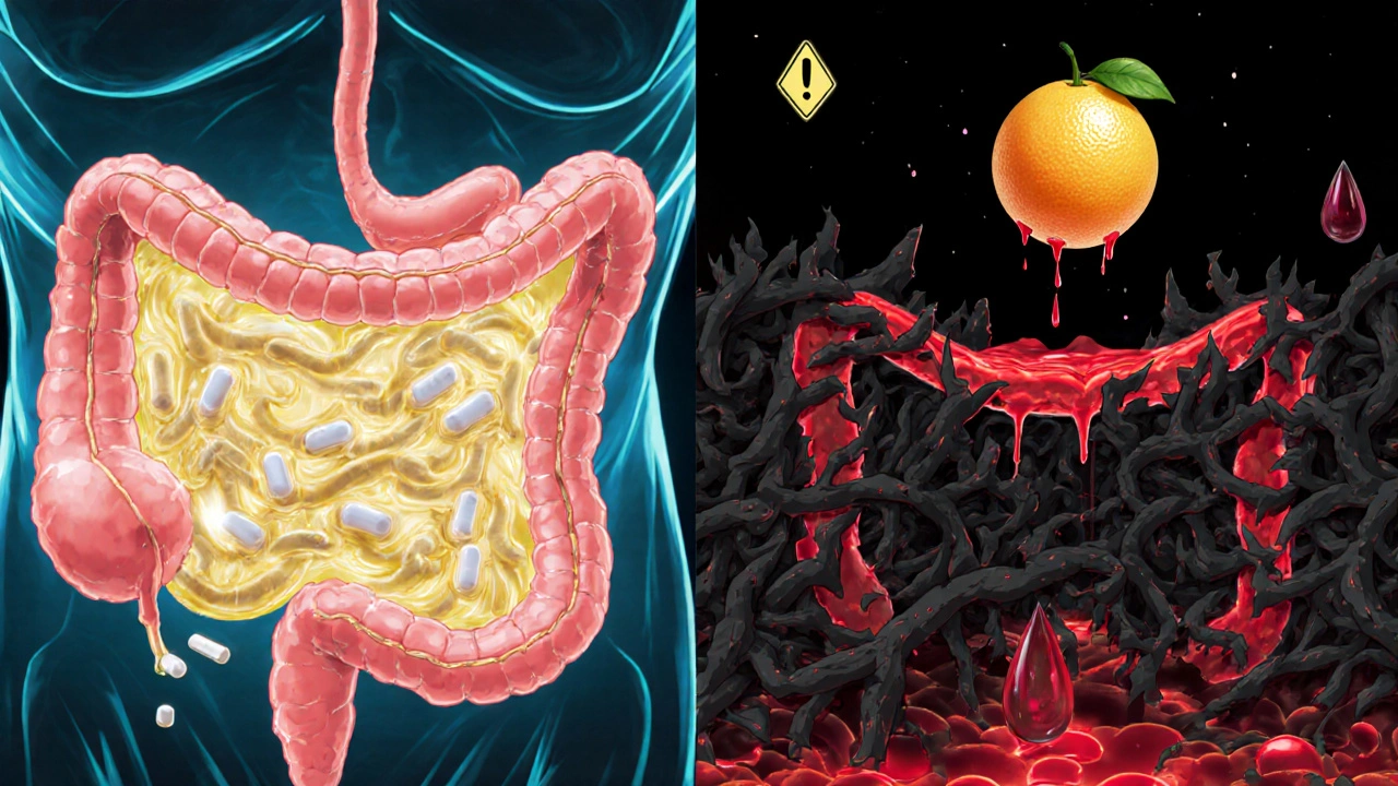 Split scene: healthy gut enzymes vs. blocked by black vines from grapefruit, molecular battle in the gut.