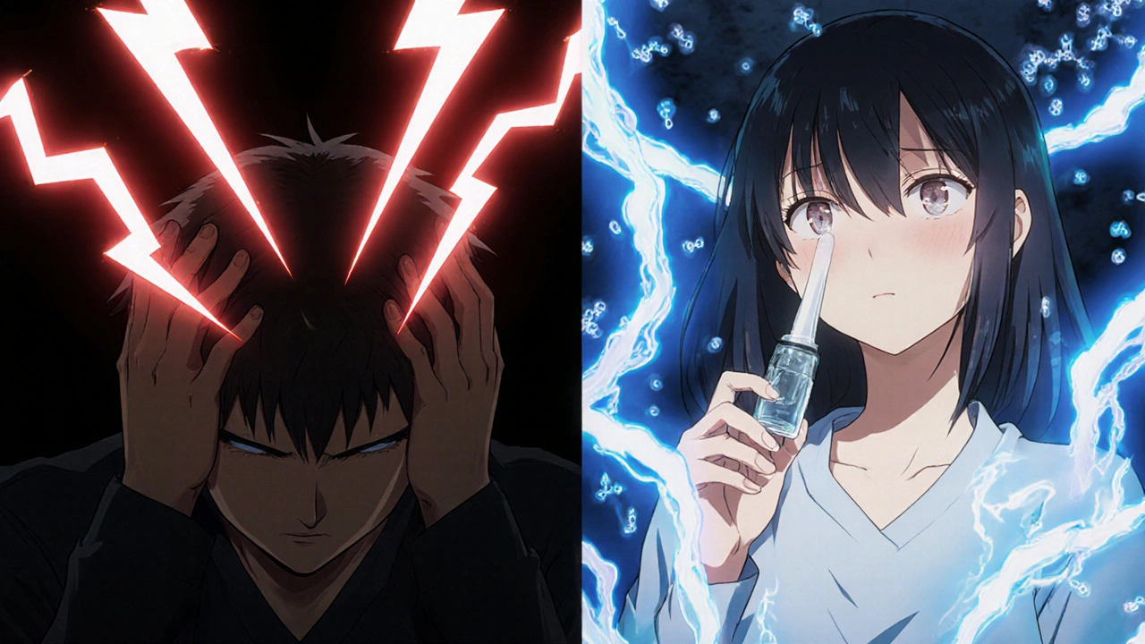 Split scene: one side shows brain zaps during abrupt cessation, the other shows precise liquid tapering with calm energy.