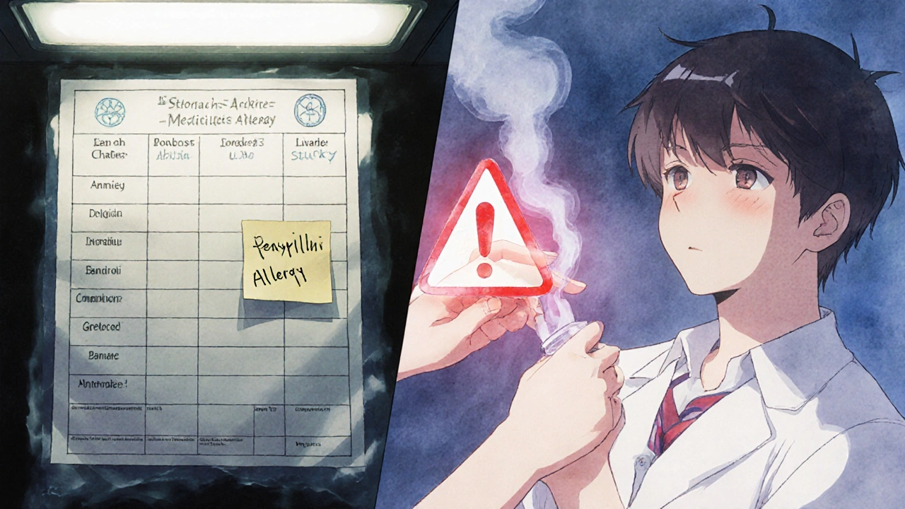 Split scene: outdated 1998 allergy note fading as adult calmly takes medication with alert dissolving into smoke.