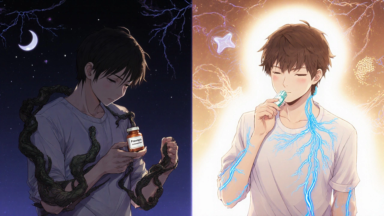 Split scene showing worsening symptoms from dopamine pills vs. calm relief from alternative medication.