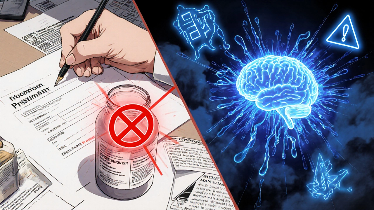 Split-screen: red prohibition over acne meds, brain overloaded with pulsing proteins and warning glyphs.