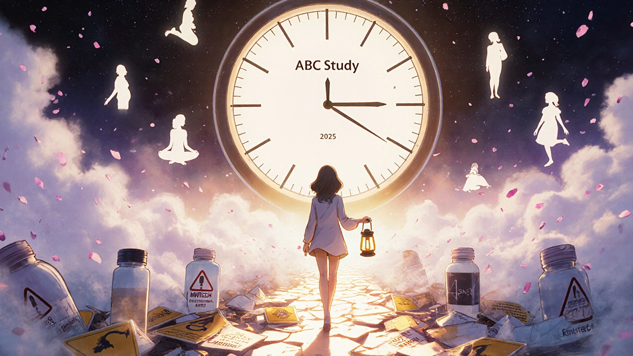 Woman walking a glowing path past dangerous drugs toward safe pregnancy alternatives.