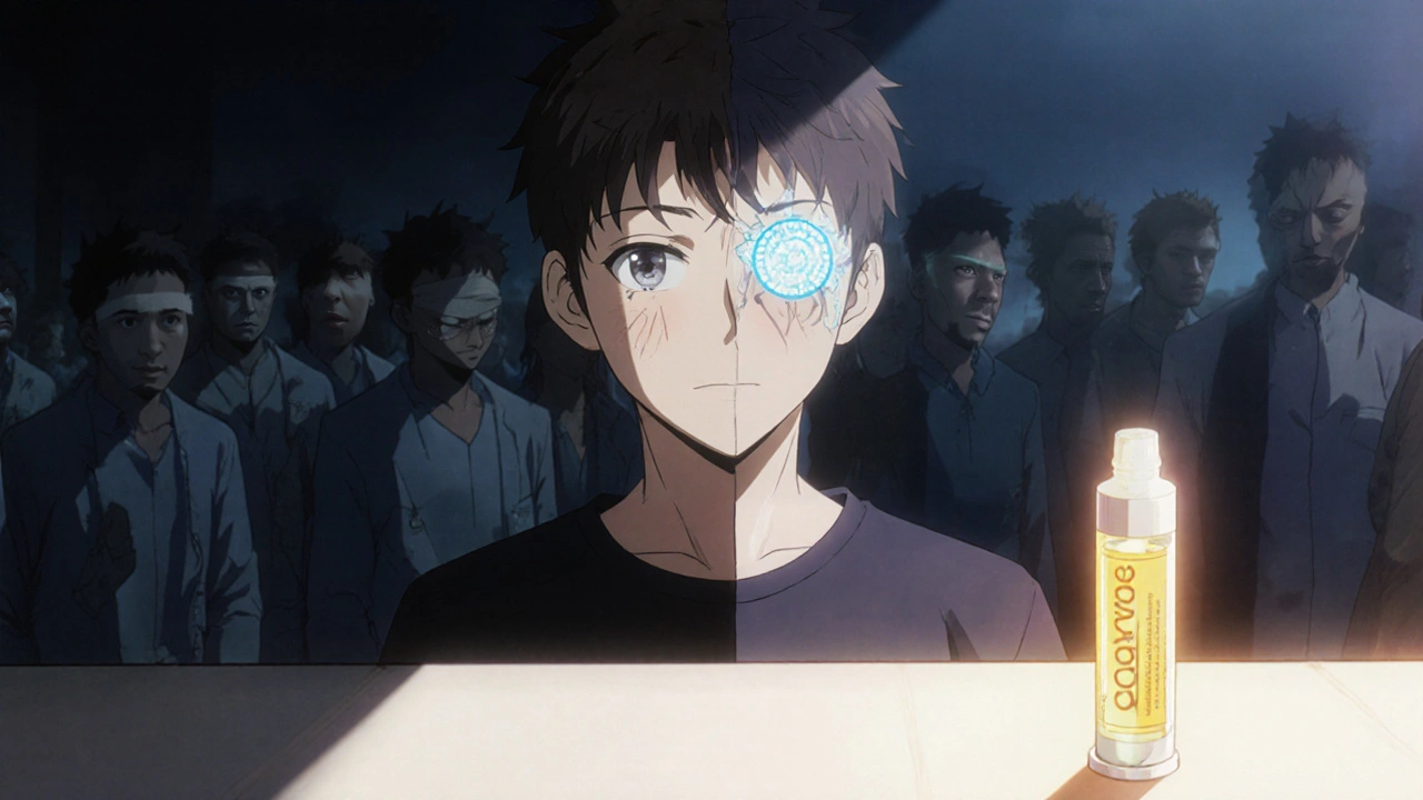 Young adult’s mirror reflection: one side healthy, the other blindfolded by fluid, dapsone gel glowing nearby.