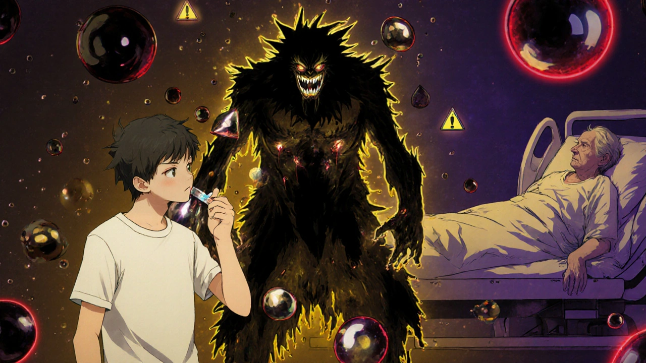 Young diabetic injecting insulin as a dark DKA monster emerges from their shadow, while an elderly person lies in bed with syrup-like blood.