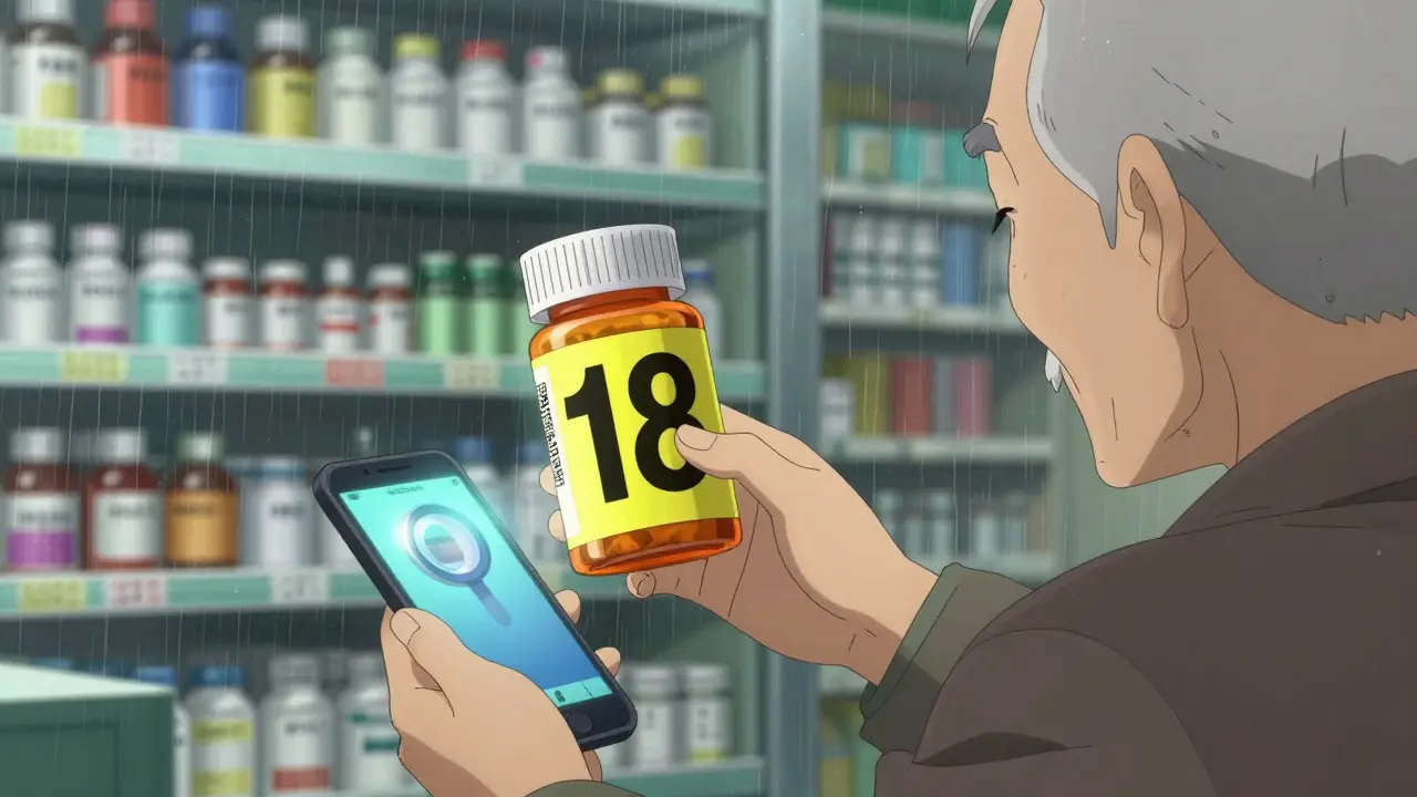 A deaf man receiving a large-print prescription label from a pharmacist, with a smartphone showing a magnifier app.