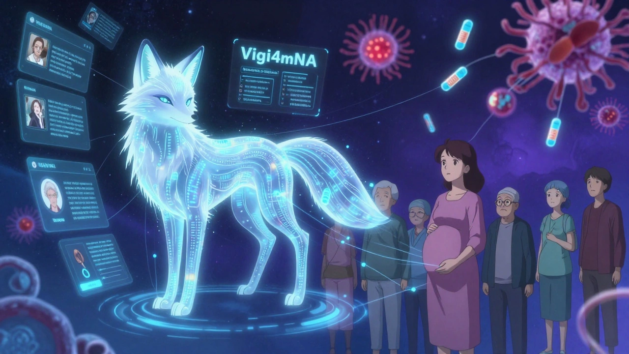 A digital fox AI scanning medical data streams, guiding safe mRNA delivery to tumors and organs in a futuristic data landscape.