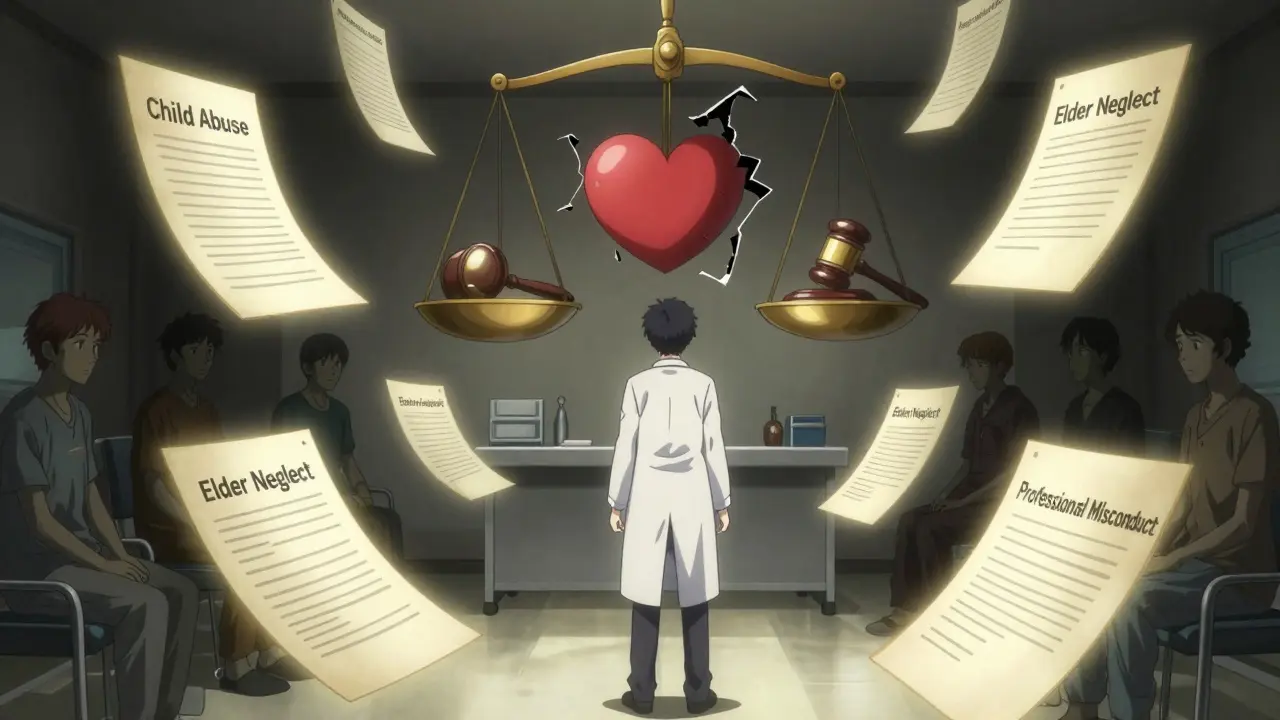 A doctor stands surrounded by legal documents representing mandatory reporting, facing a moral scale.