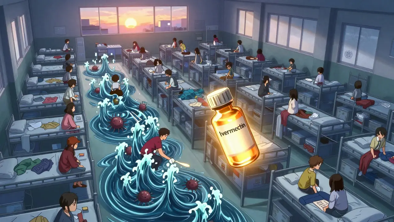 A dormitory being treated with ivermectin, invisible mites dispersing as golden light spreads among students.