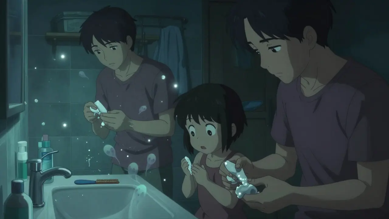 A family applying scabies treatment at night, with fading mite silhouettes and a nit comb on the sink.