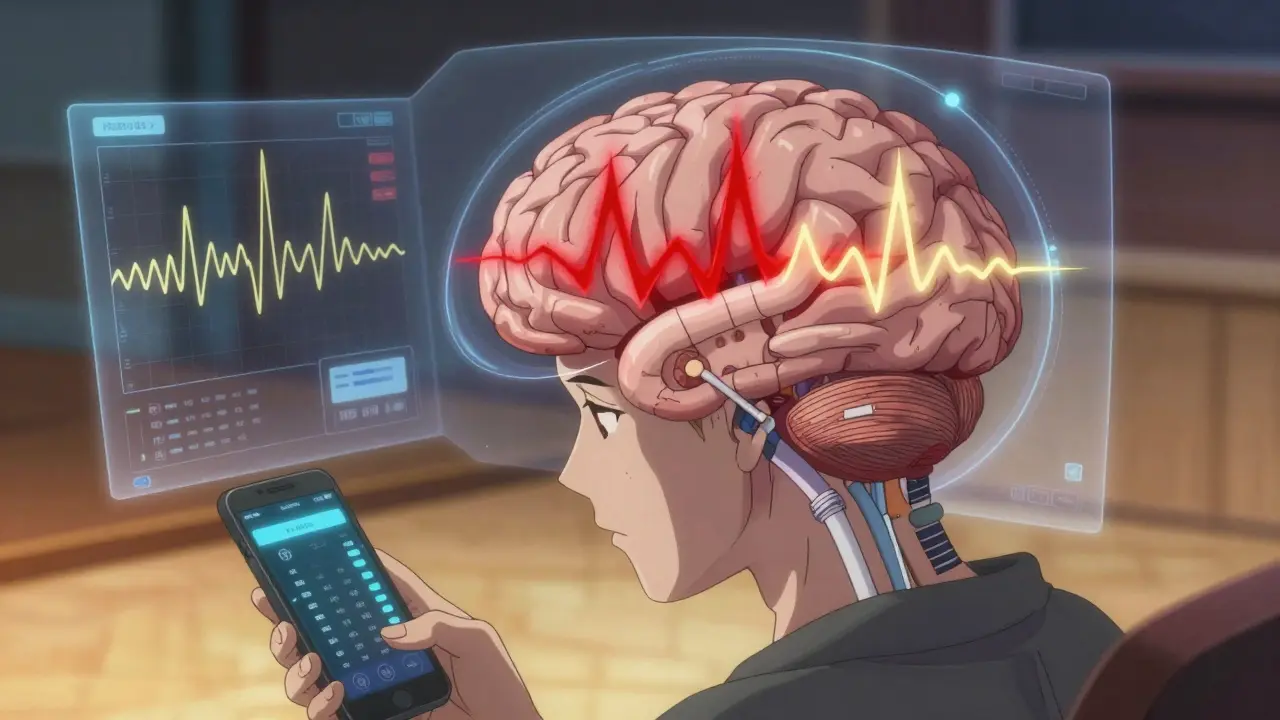 A futuristic brain interface detecting abnormal waves and adjusting stimulation with digital overlays and Bluetooth connectivity.