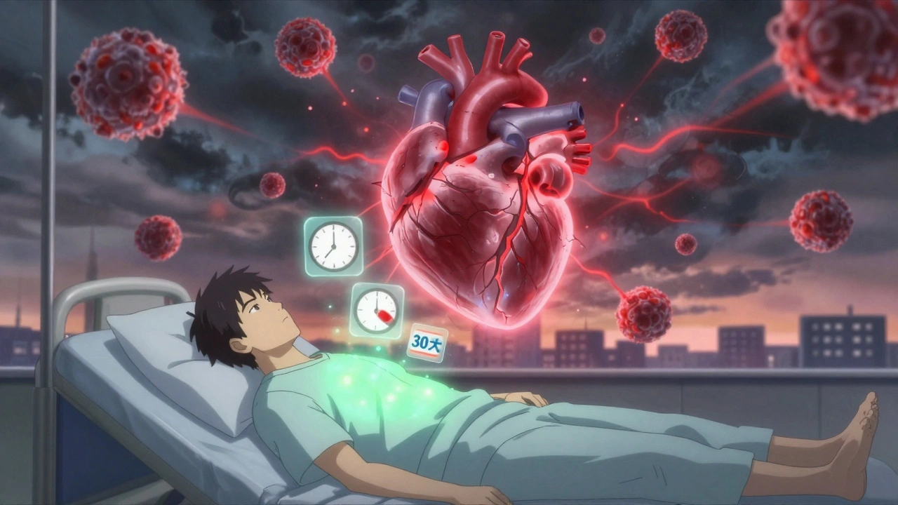 A glowing heart with cracks, surrounded by immune cells and a recovery aura, symbolizing rare myocarditis recovery after vaccination.