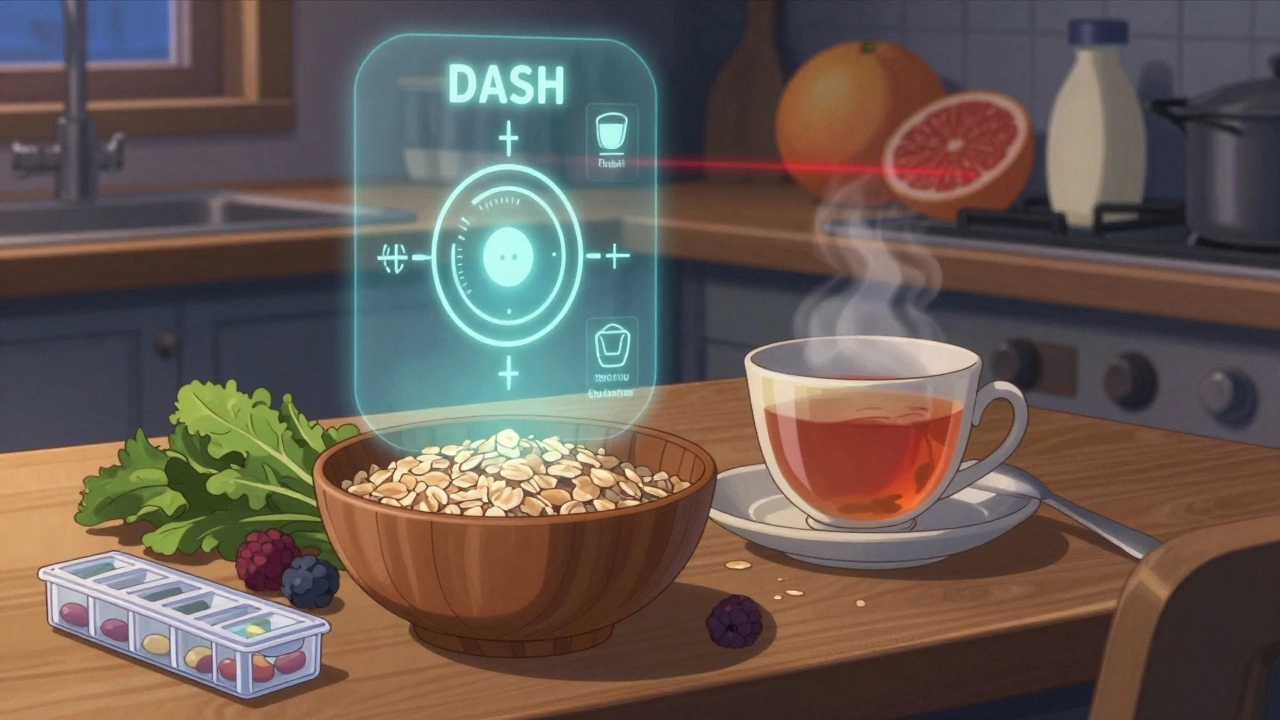 A healthy meal on a counter with glowing dietary guidance and warning symbols dissolving.