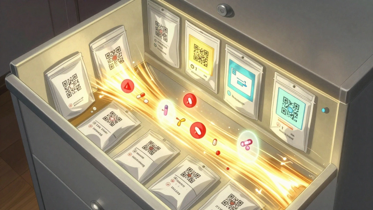 A medicine cabinet transforms as pills organize into labeled pouches with glowing QR codes floating nearby.