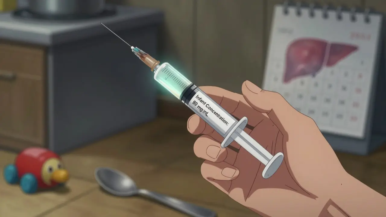 A parent's hand holds a syringe beside a kitchen spoon, with a glowing medication label and a child's toy in the background.