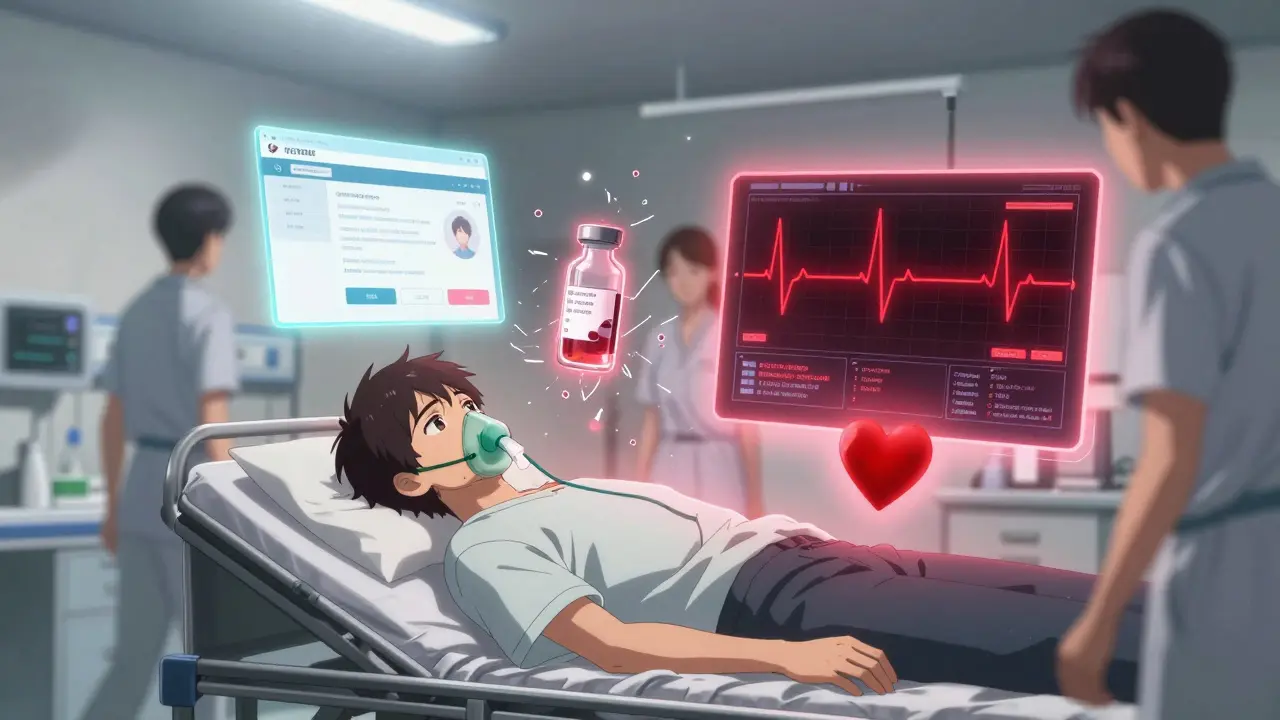 A patient in a hospital surrounded by digital images of fake prescriptions and stolen data.