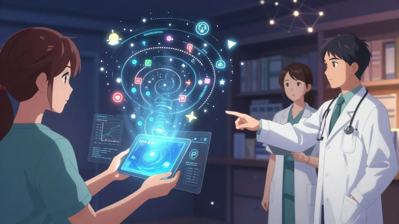 A patient projects their medical history into the air as pharmacist and doctor reach across shared data.