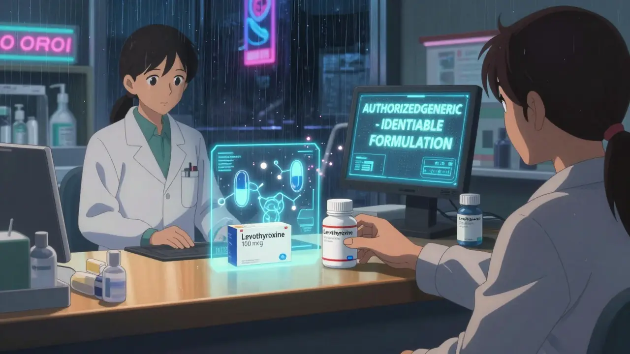 A patient receiving an authorized generic pill at a pharmacy, with a hologram of the branded version beside it.