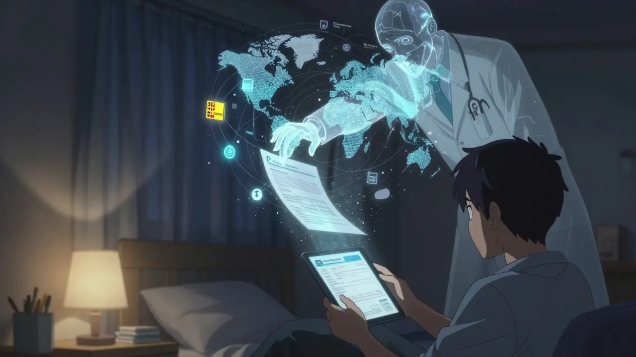A patient submits a report as a spectral doctor pulls it into a global safety network under moonlight.