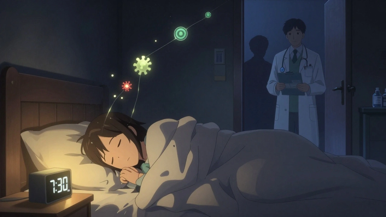 A person sleeping peacefully as harmful stress symbols fade away in the dark room.