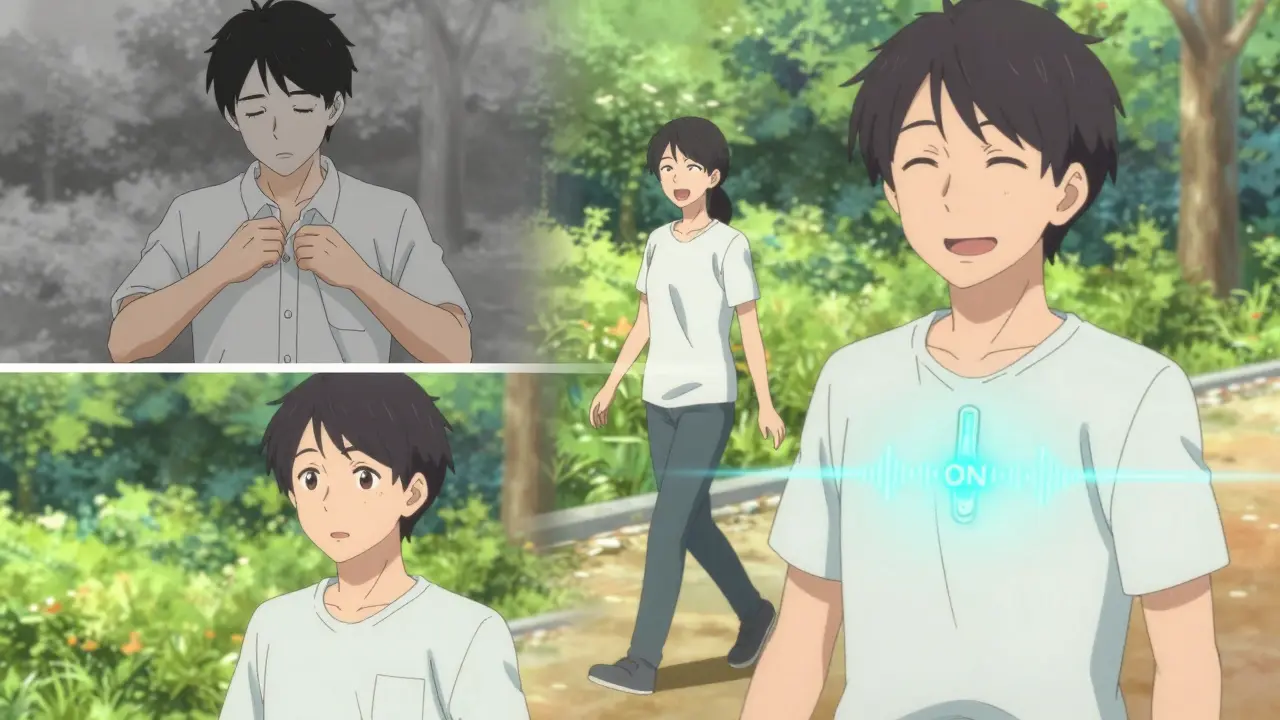 A person with improved motor control buttoning a shirt and walking in sunlight after DBS implantation.