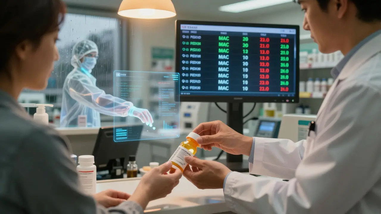 A pharmacist hands a generic medication to a patient, with real-time price alerts on a screen and shadowy PBMs hovering behind.