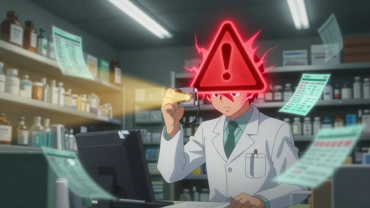 A pharmacist stares at a pulsing red drug interaction alert amid swirling medical data ghosts.