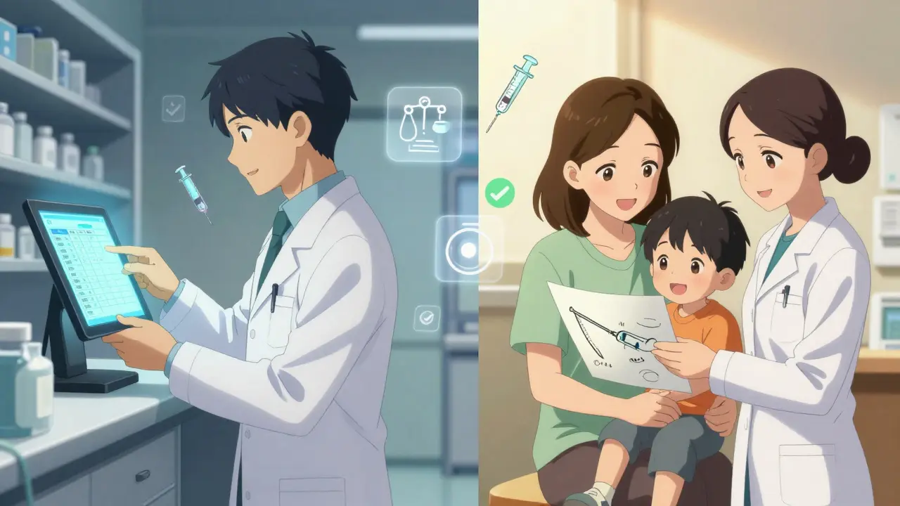 A pharmacist verifies a pediatric dose while a nurse shows a parent a visual syringe guide, symbolizing safe care.