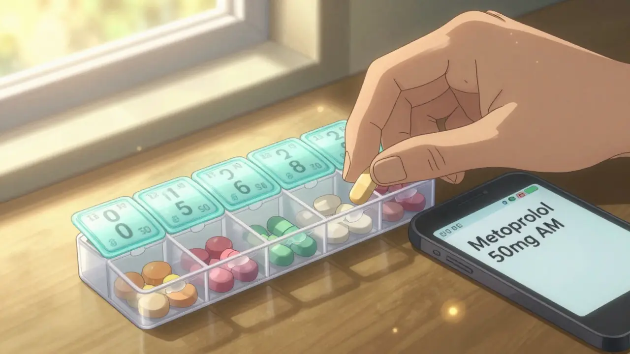 A pill organizer with color-coded pills and tactile bumps, next to a phone displaying a voice note reminder.