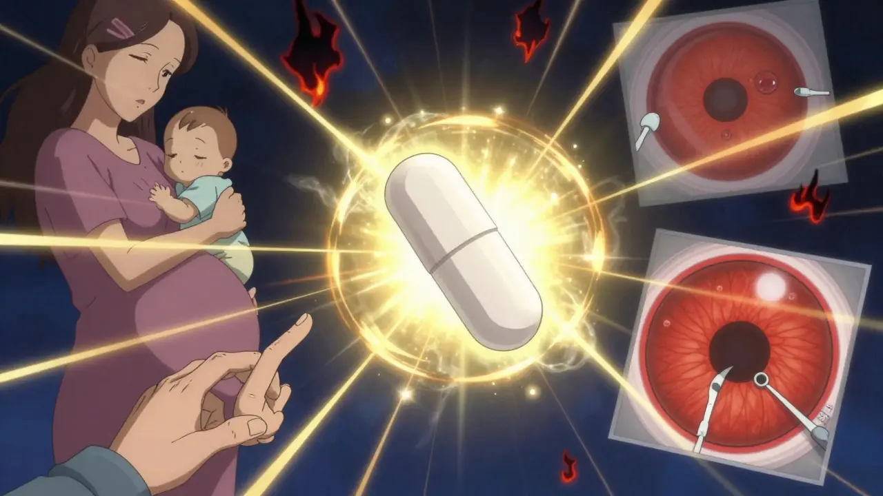 A pill radiating protective energy, with scenes of pregnancy, family connection, and eye safety woven into its light, representing holistic lupus protection.